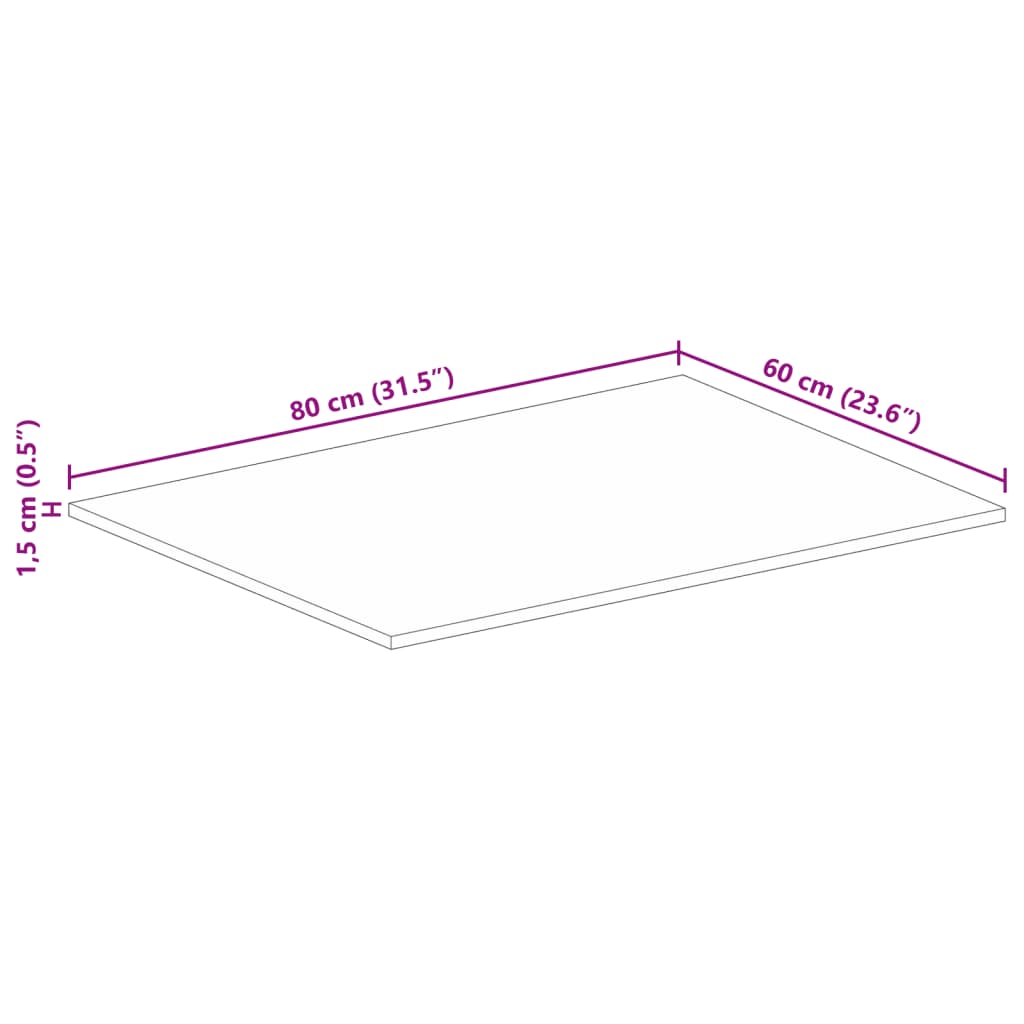 Bordplate 80x60x1,5 cm rektangulær grovt heltre mango