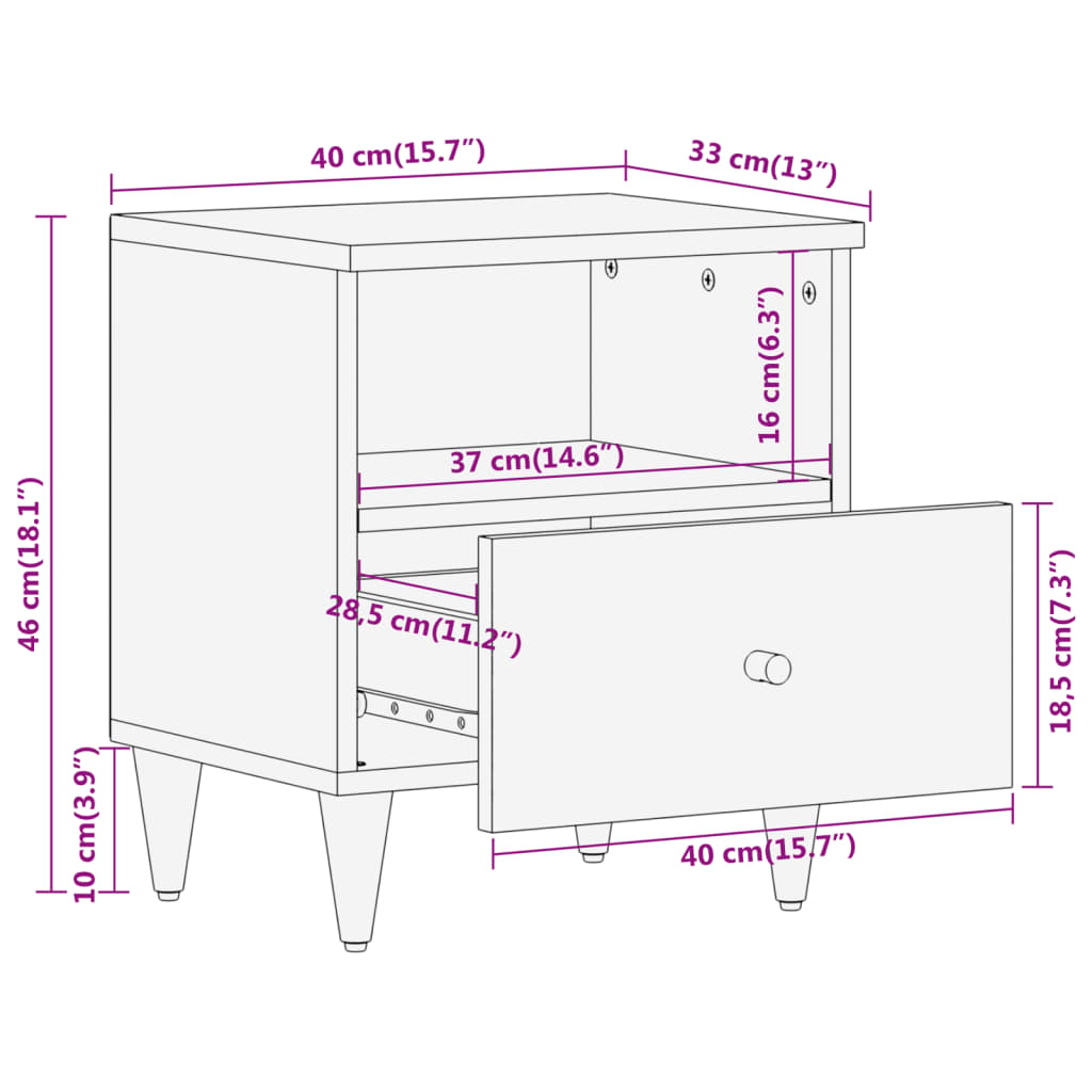 Nattbord 2 stk 40x33x46 cm heltre mango