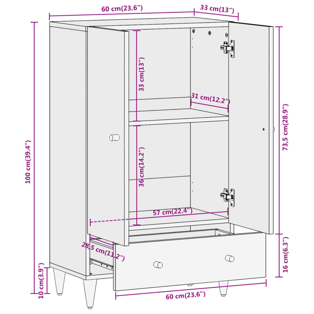 Highboard 60x33x100 cm heltre mango