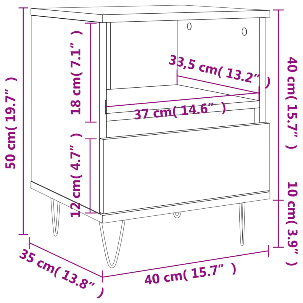Nattbord hvit 40x35x50 cm konstruert tre