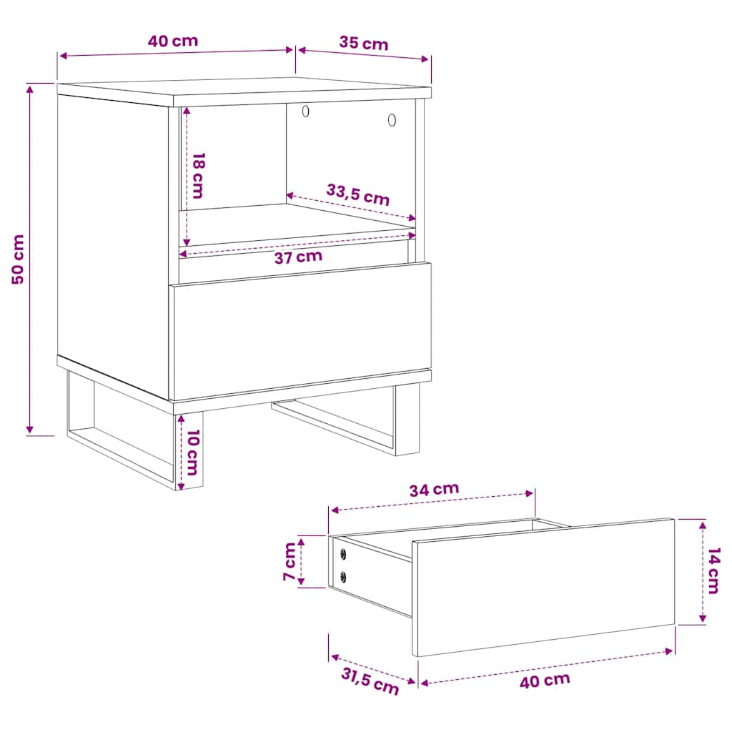 Nattbord 2 stk røkt eik 40x35x50 cm konstruert tre