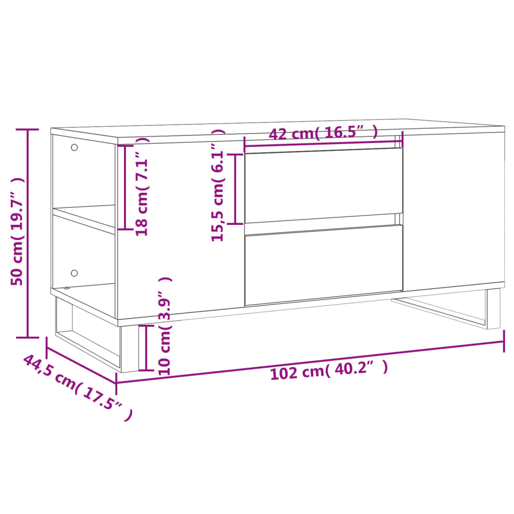 Salongbord hvit 102x44,5x50 cm konstruert tre