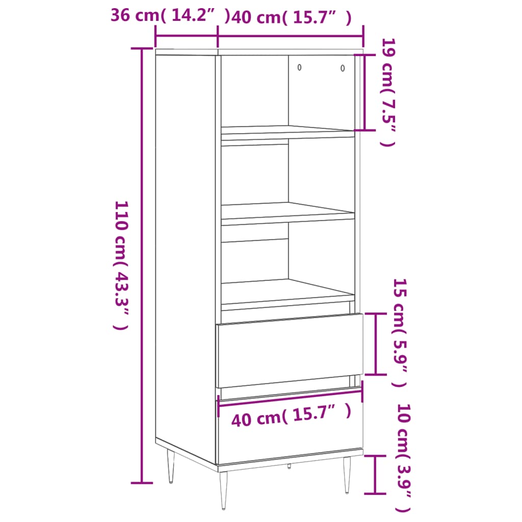 Highboard hvit 40x36x110 cm konstruert tre