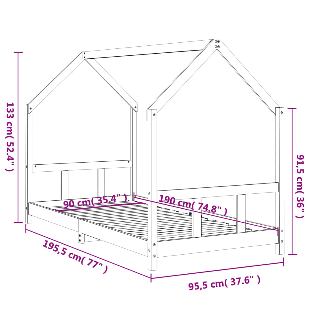 Barnesengeramme hvit 90x190 cm heltre furu