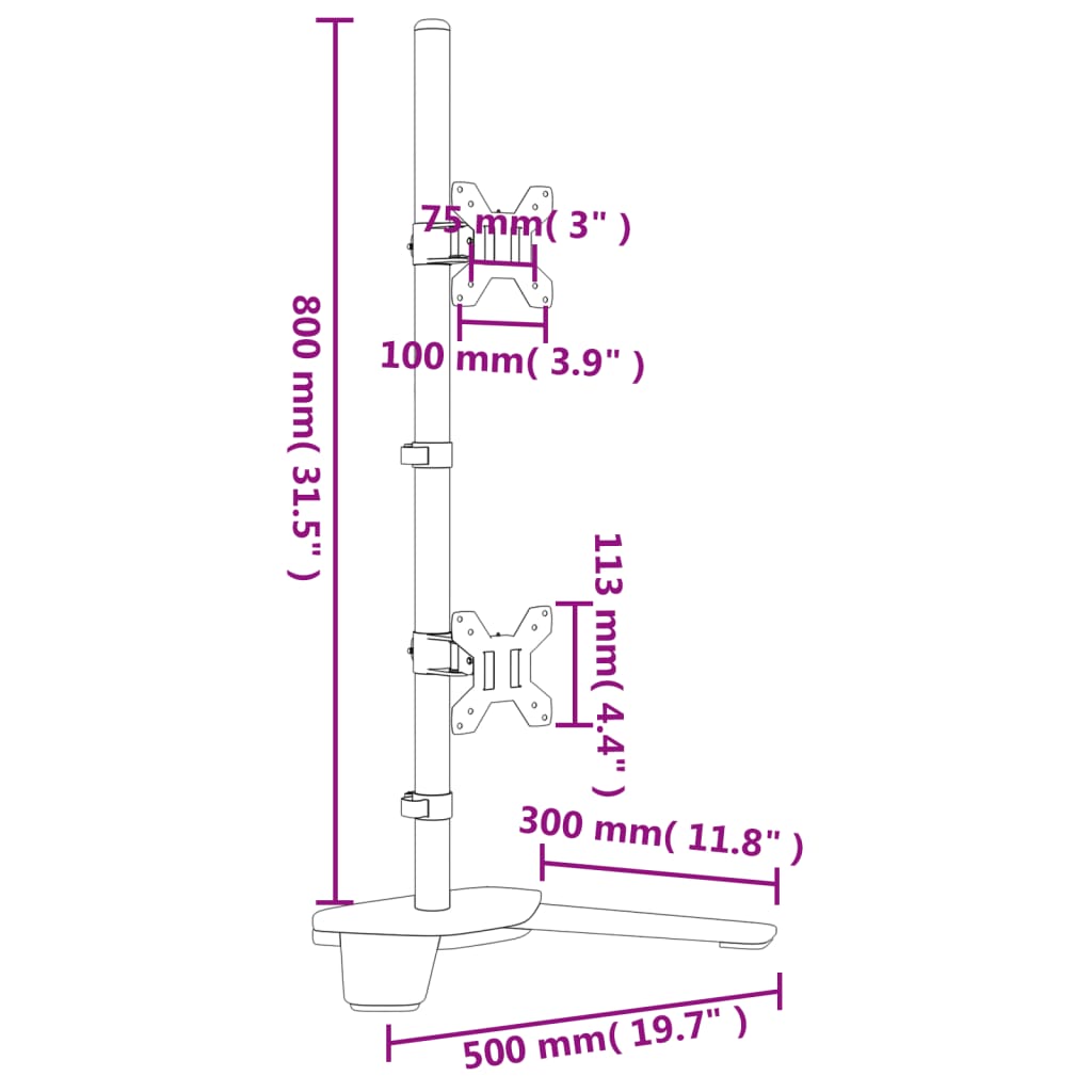 Dobbelt skjermstativ svart stål VESA 75/100 mm