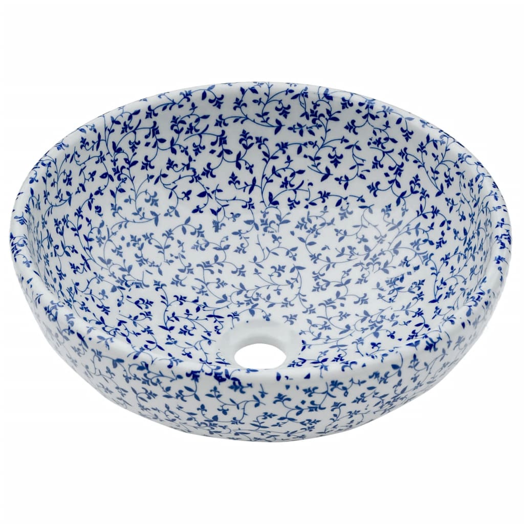 Benkeservant hvit og blå rund Φ41x14 cm keramikk