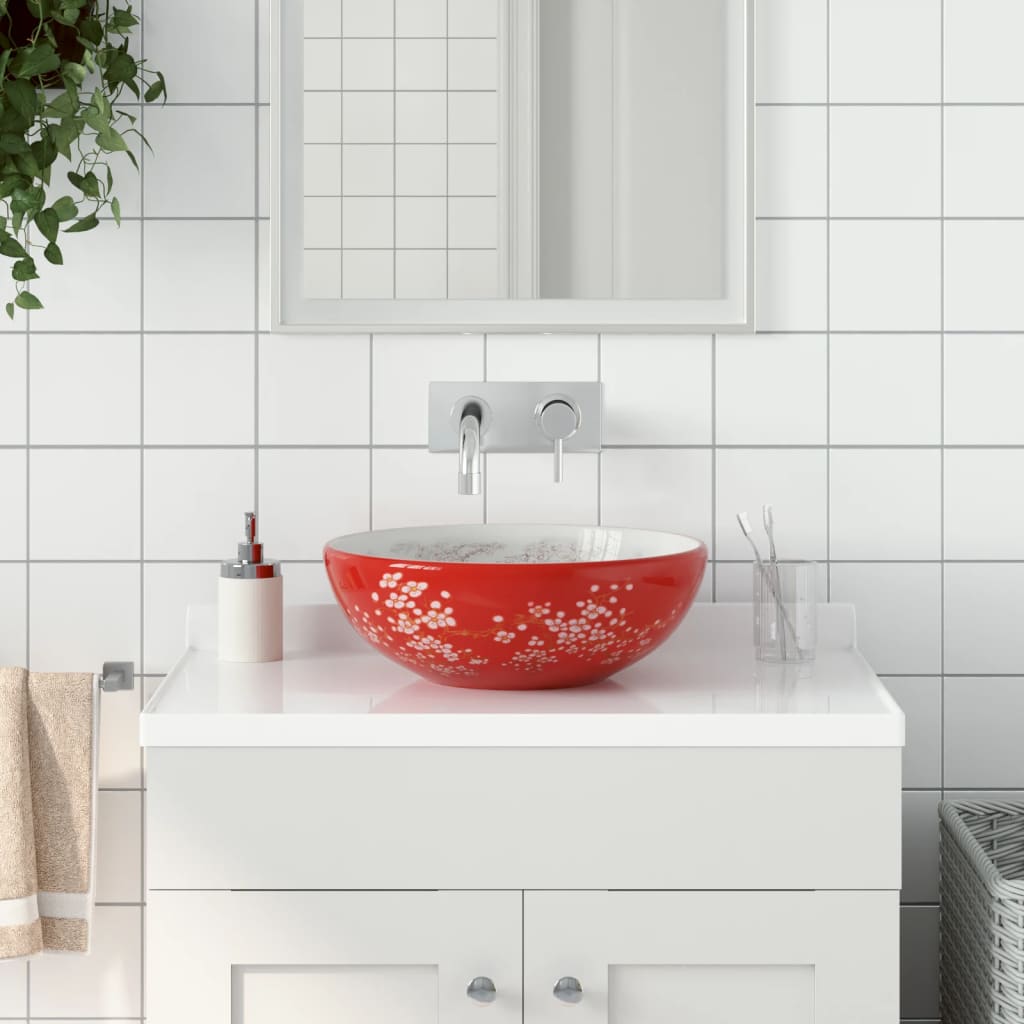 Benkeservant hvit og rød rund Φ41x14 cm keramikk
