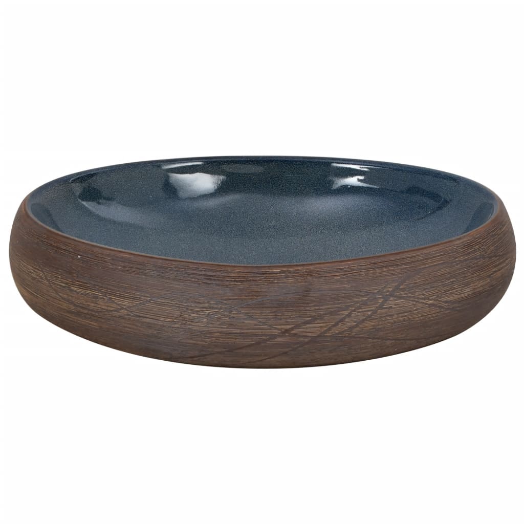 Benkeservant brun og blå oval 59x40x15 cm keramikk