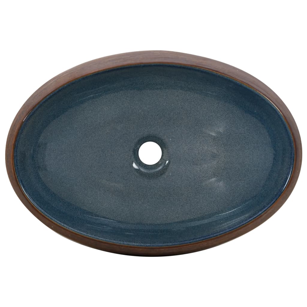 Benkeservant brun og blå oval 59x40x15 cm keramikk