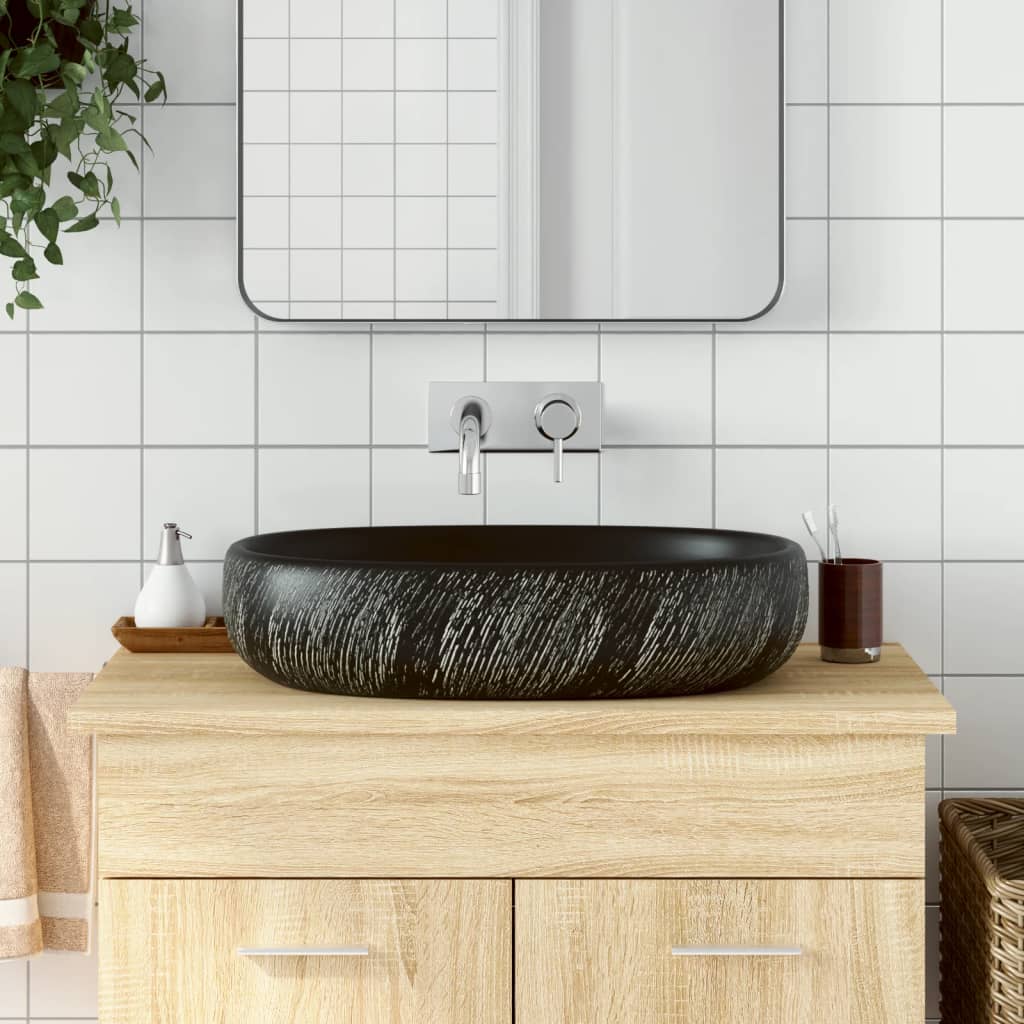 Benkeservant svart oval 59x40x14 cm keramikk