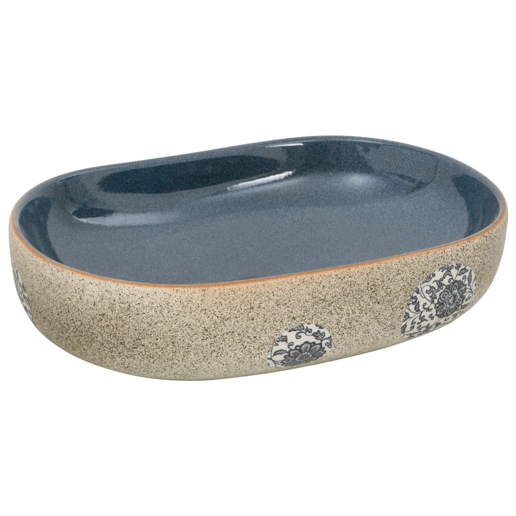 Benkeservant sand og blå oval 59x40x14 cm keramikk