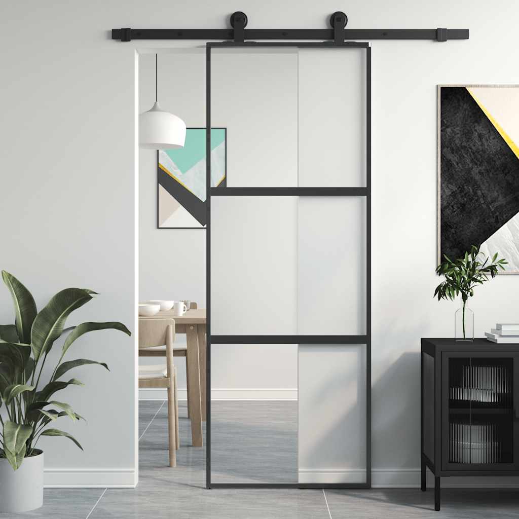 Skyvedør svart 76x205 cm herdet glass og aluminium