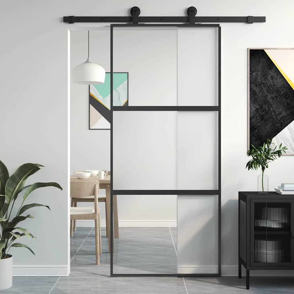 Skyvedør svart 90x205 cm herdet glass og aluminium