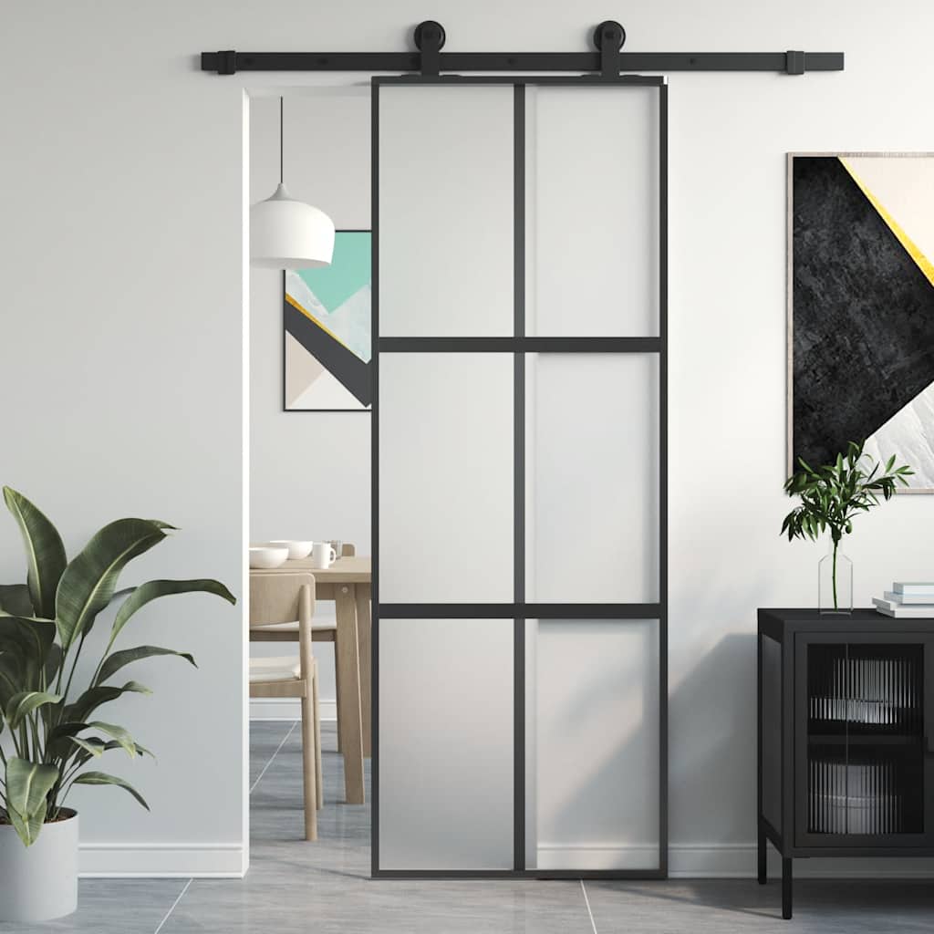 Skyvedør svart 76x205 cm herdet glass og aluminium