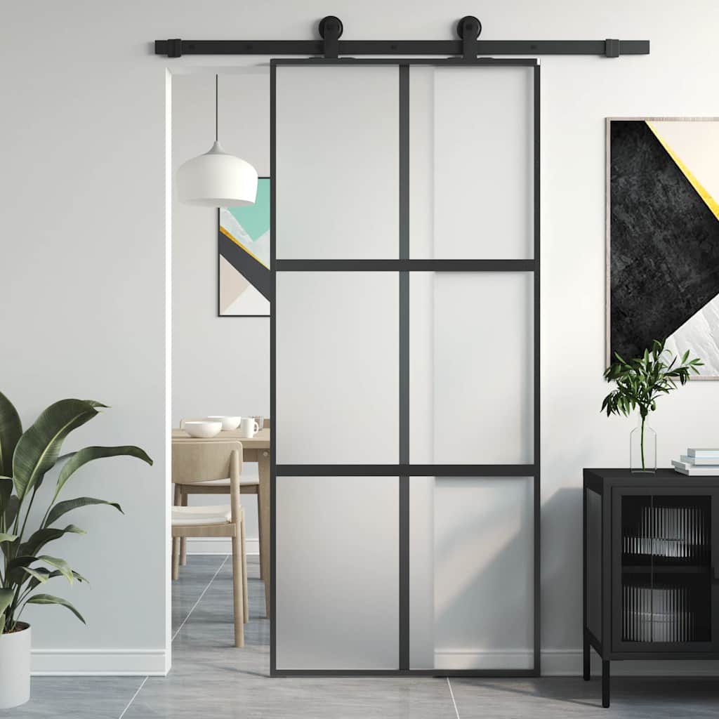 Skyvedør svart 90x205 cm herdet glass og aluminium