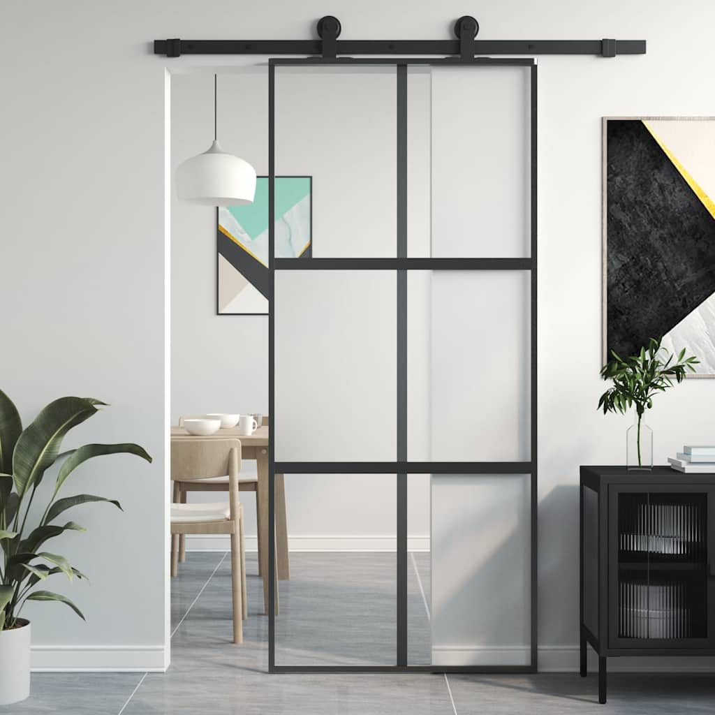 Skyvedør svart 90x205 cm herdet glass og aluminium