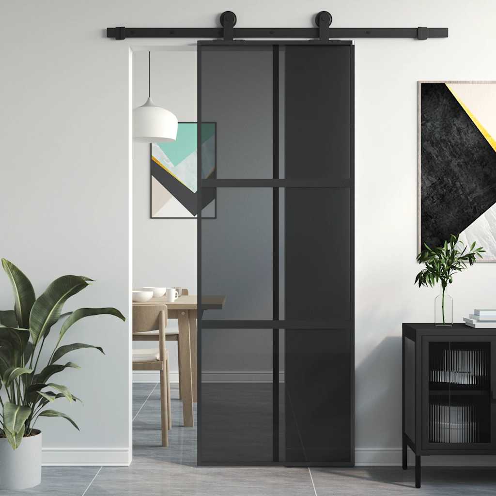 Skyvedør svart 76x205 cm herdet glass og aluminium