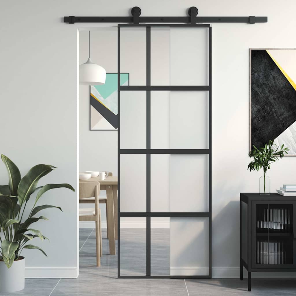 Skyvedør svart 76x205 cm herdet glass og aluminium