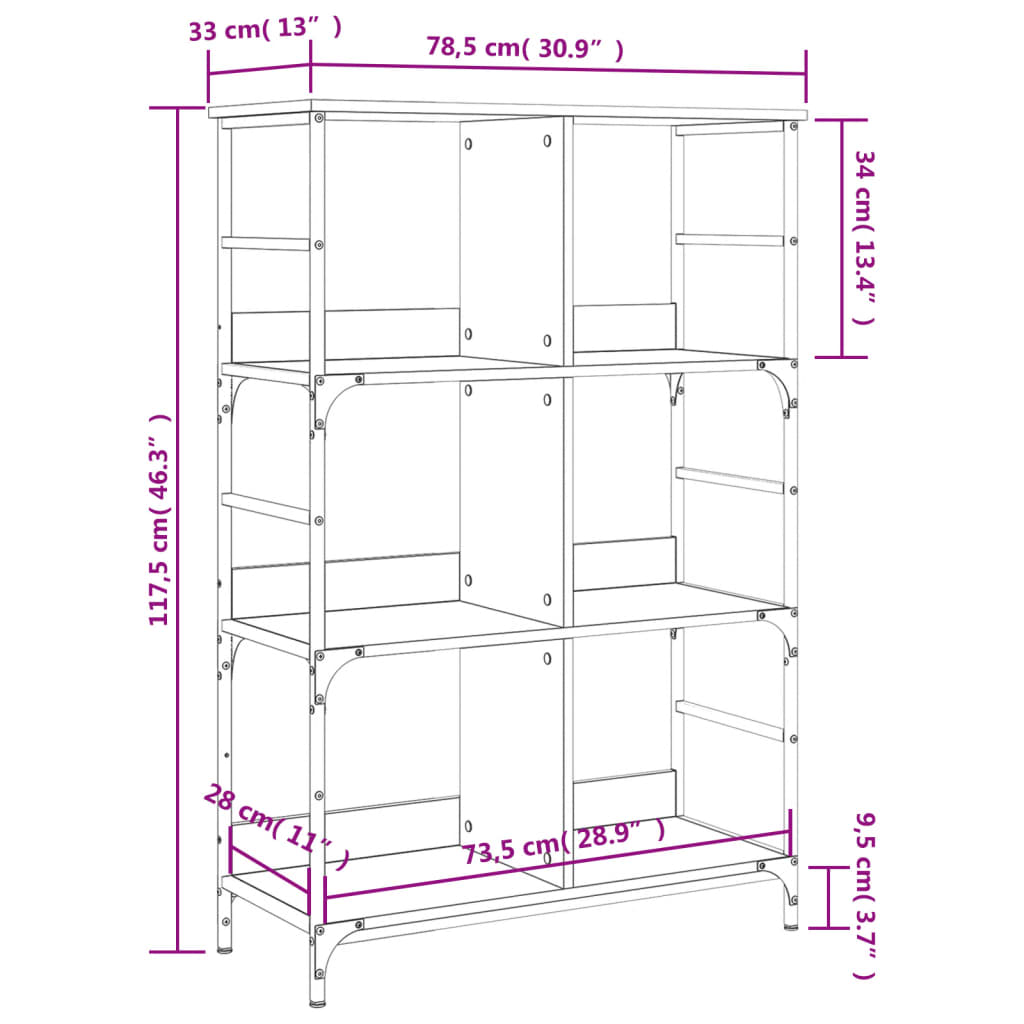 Bokhylle røkt eik 78,5x33x117,5 cm konstruert tre