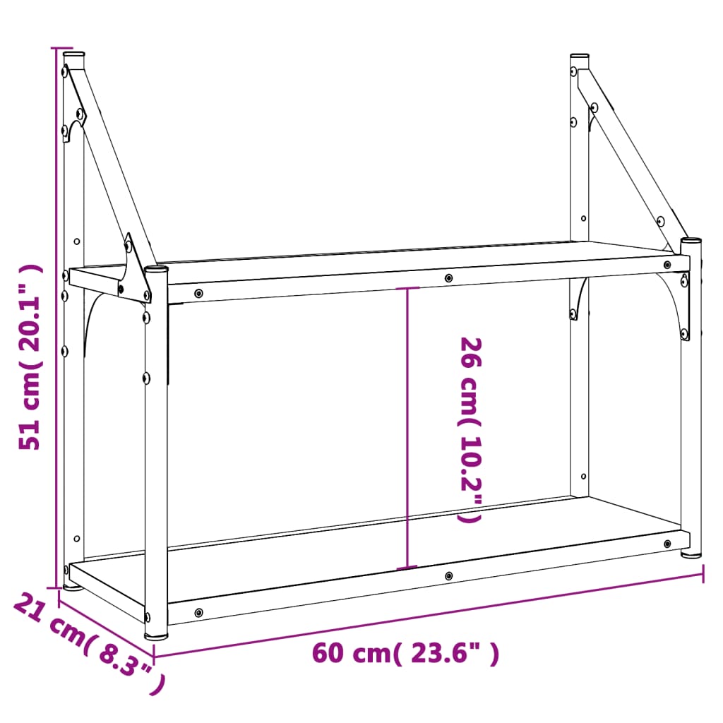 2-etasjes vegghylle sonoma eik 60x21x51 cm konstruert tre