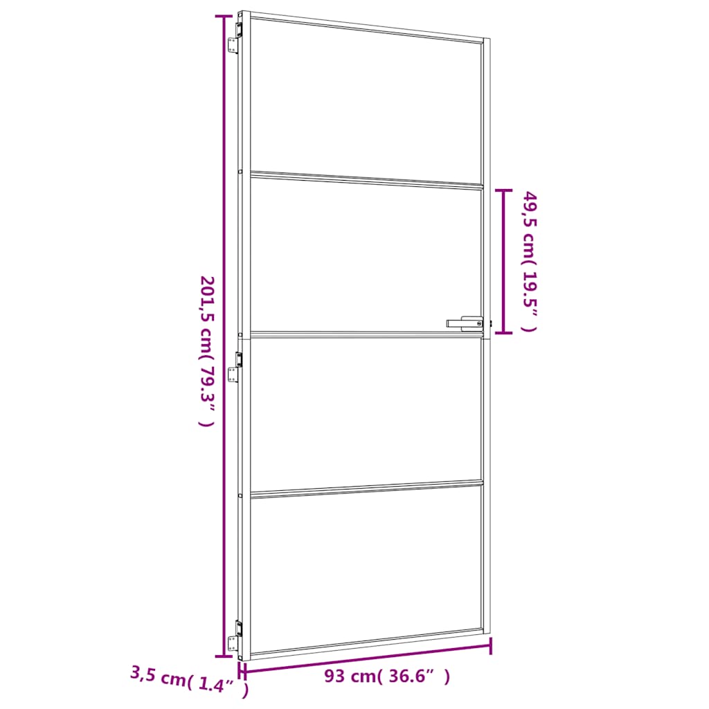 Innerdør slank gull 93x201,5 cm herdet glass og aluminium