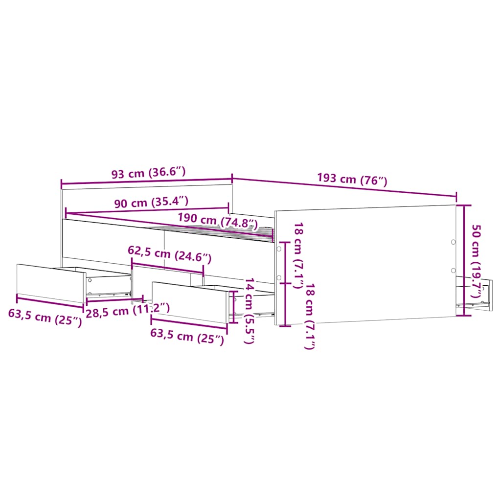 Sengeramme med hode- og fotgavl røkt eik 90x190 cm