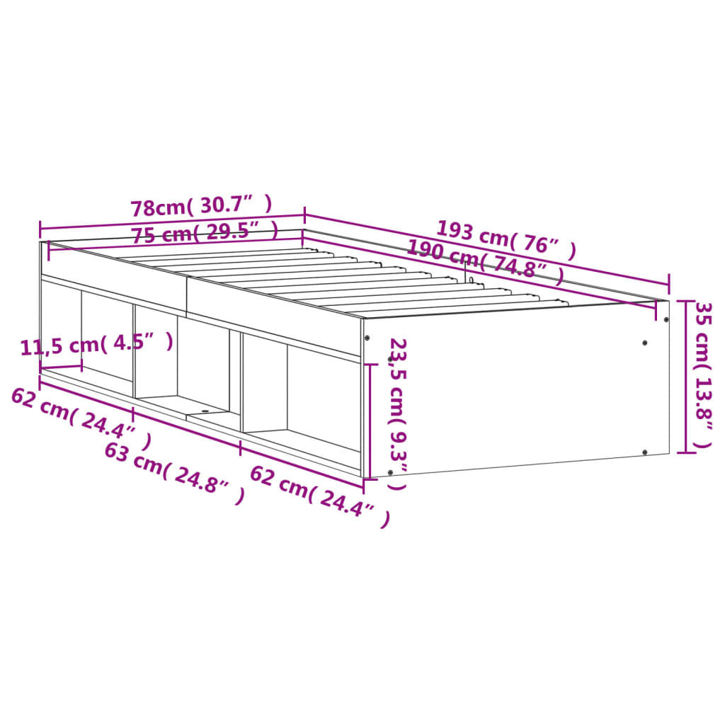 Sengeramme brun eik 75x190 cm