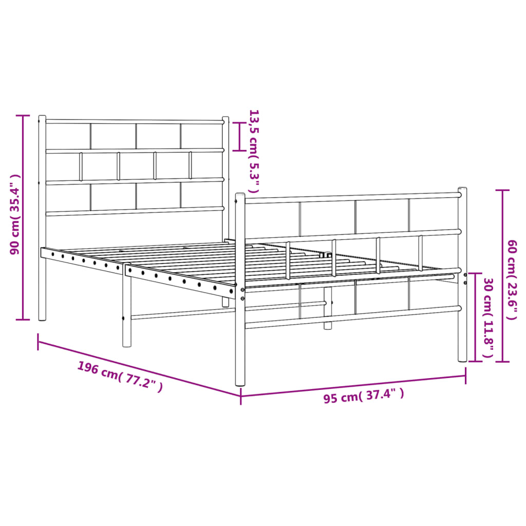 Sengeramme i metall med hode- og fotgavl svart 90x190 cm vidaXL