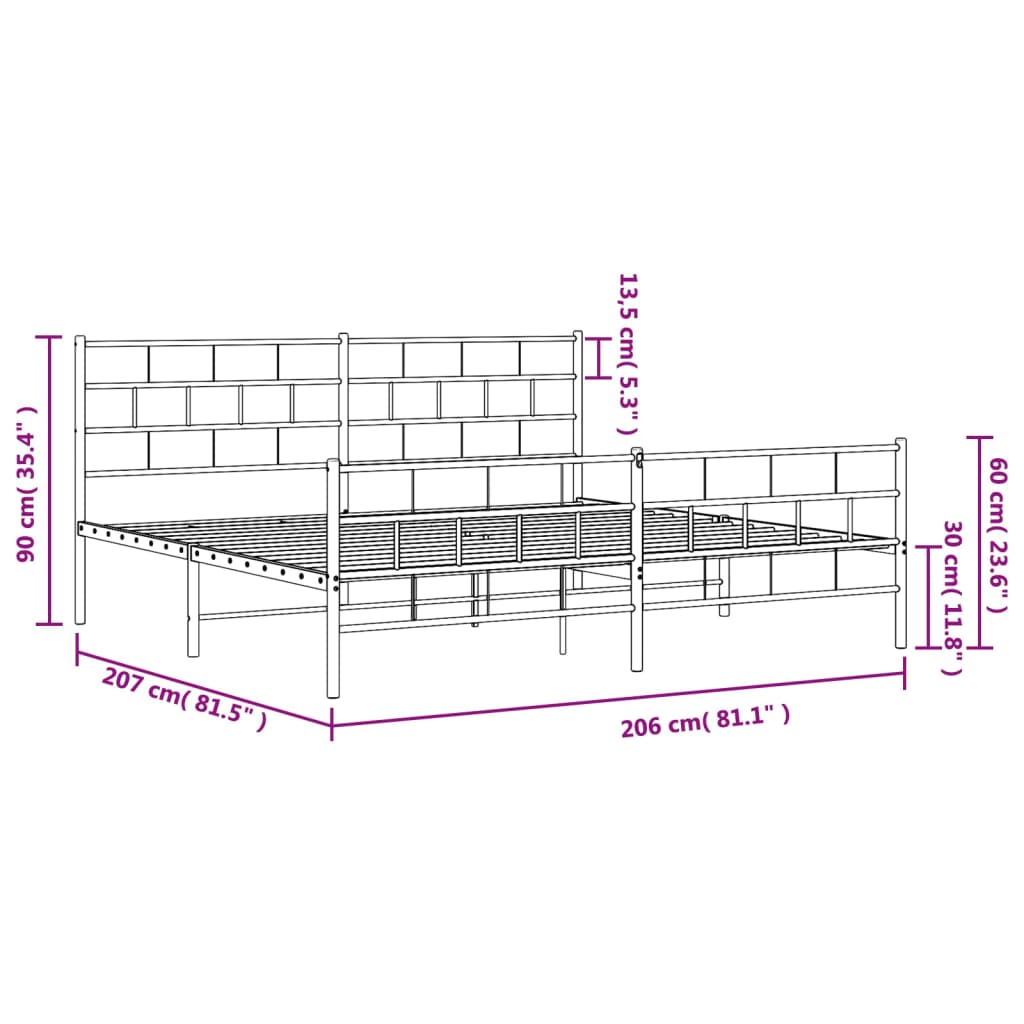 Sengeramme i metall med hode- og fotgavl hvit 200x200 cm