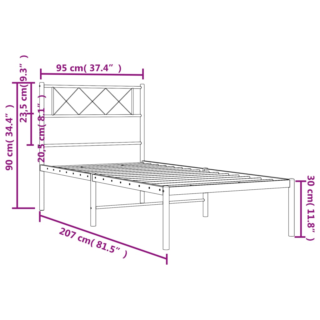 Sengeramme i metall med hodegavl svart 90x200 cm vidaXL