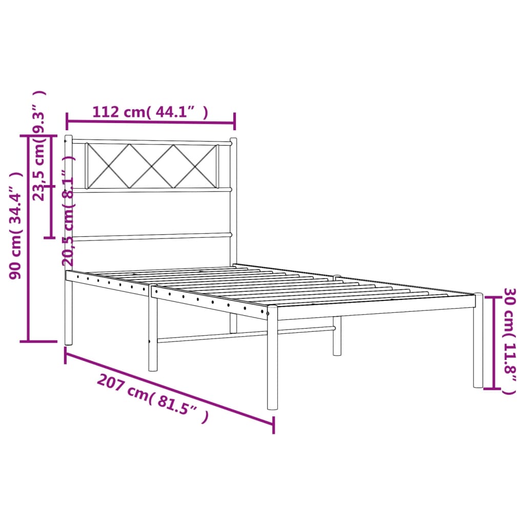 Sengeramme i metall med hodegavl hvit 107x203 cm
