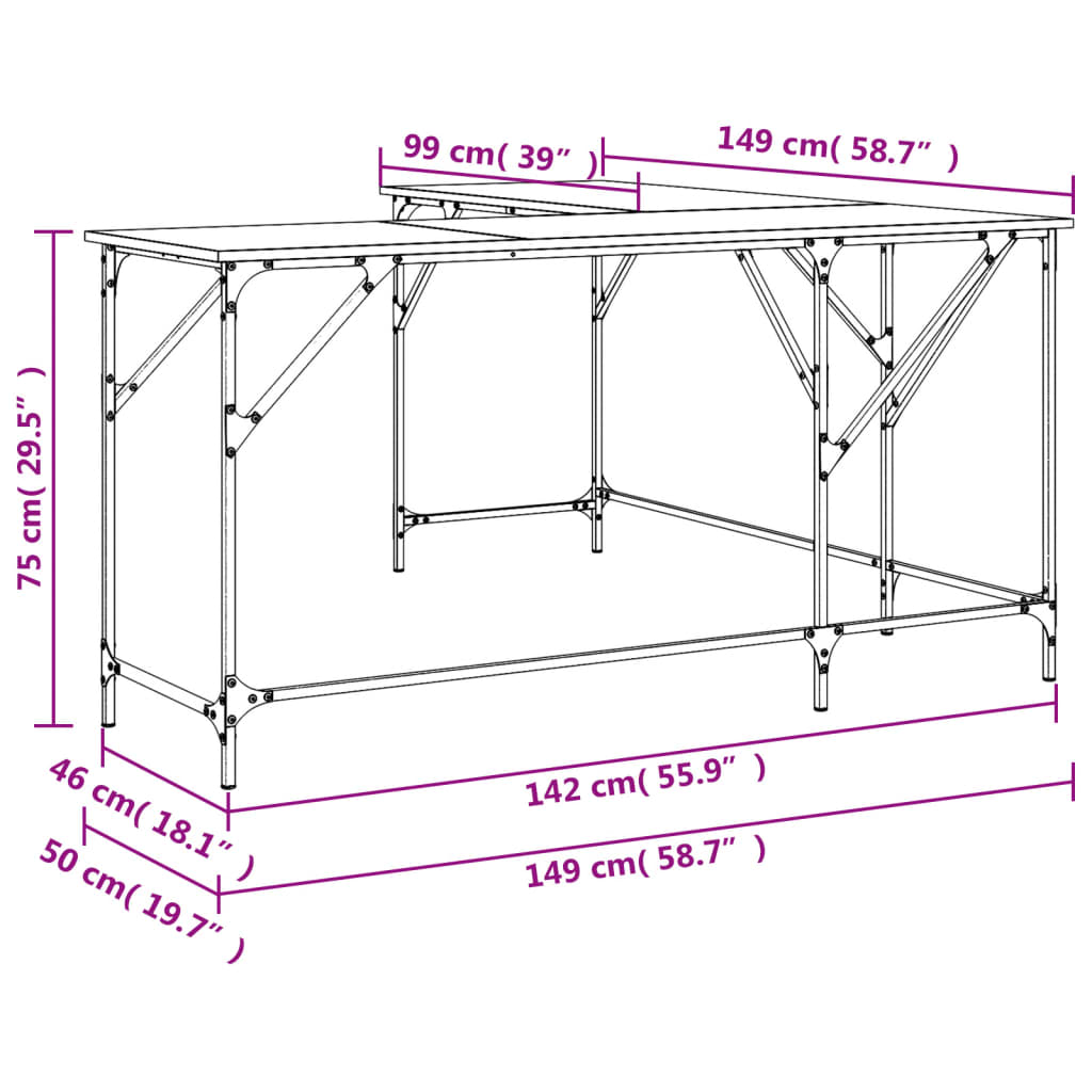 Skrivebord sonoma eik 149x149x75 cm konstruert tre