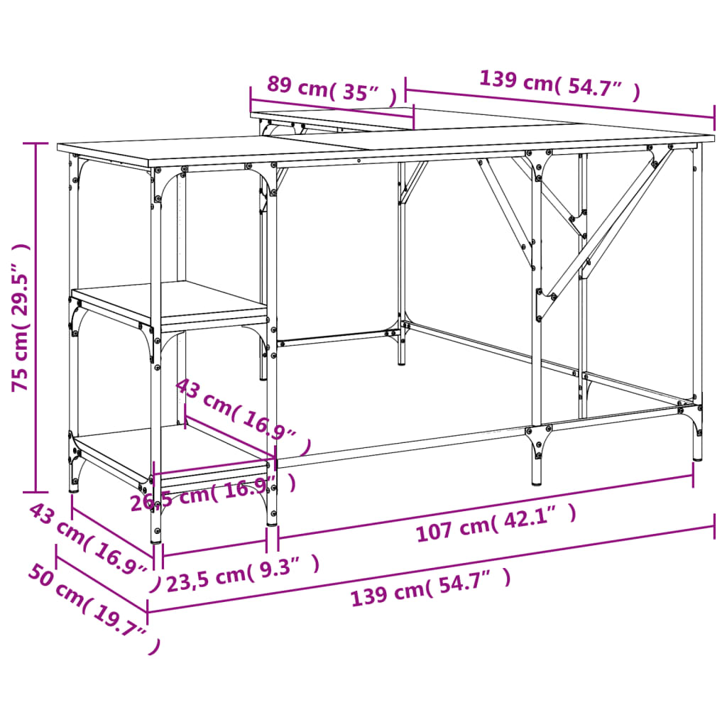 Skrivebord sonoma eik 139x139x75 cm konstruert tre