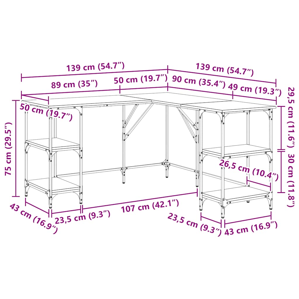 Skrivebord røkt eik 139x139x75 cm konstruert tre vidaXL