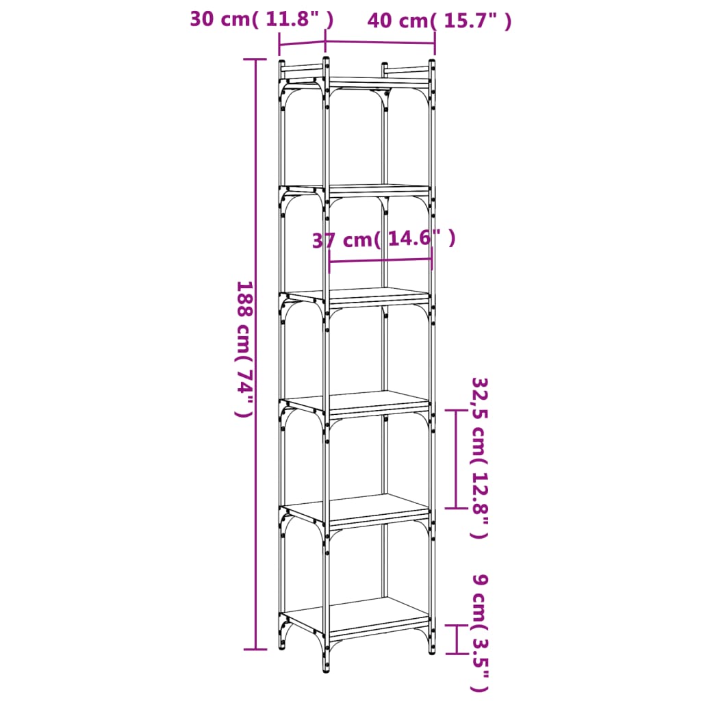 Bokhylle 6 etasjer svart 40x30x188 cm konstruert tre