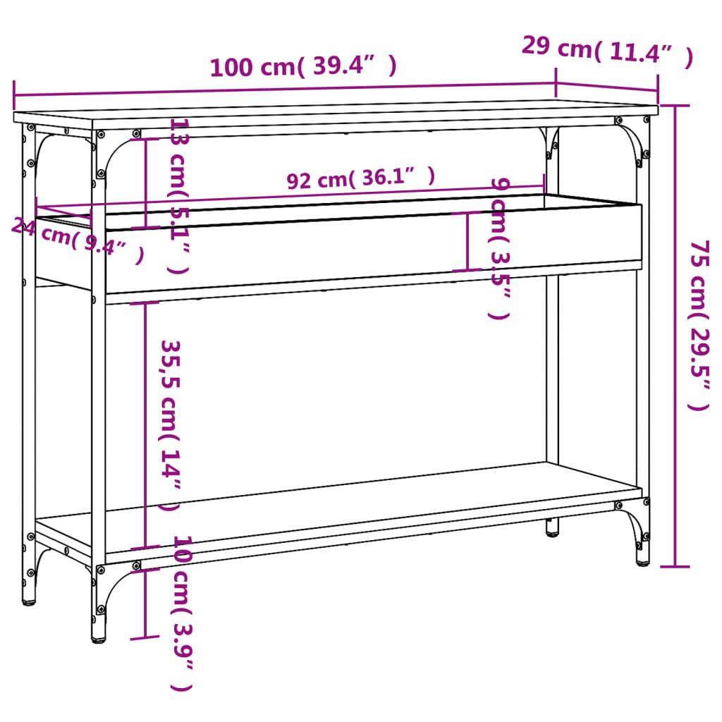 Konsollbord med hylle Sonoma eik 100x29x75cm konstruert tre
