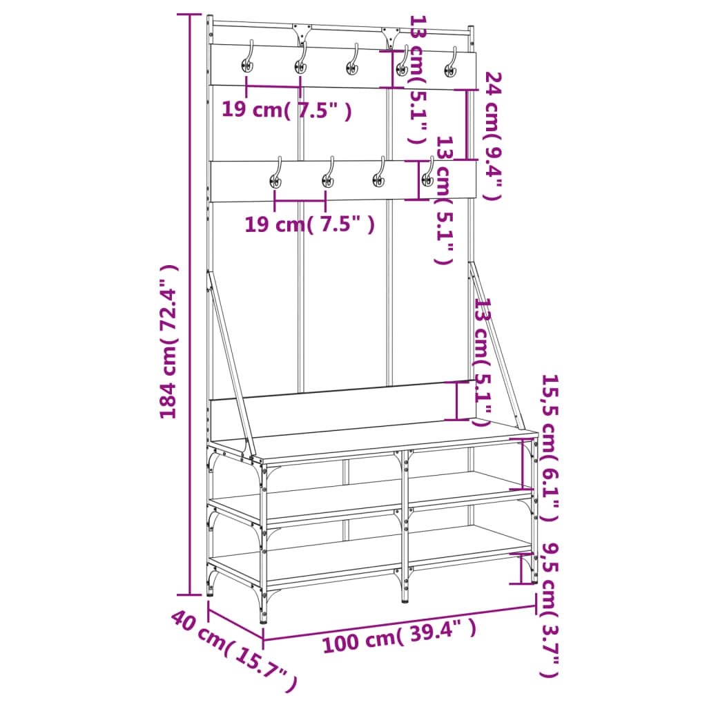 Klesstativ med skooppbevaring brun eik 100x40x184 cm