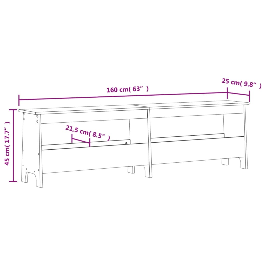 Gangbenk hvit 160x28x45 cm heltre furu