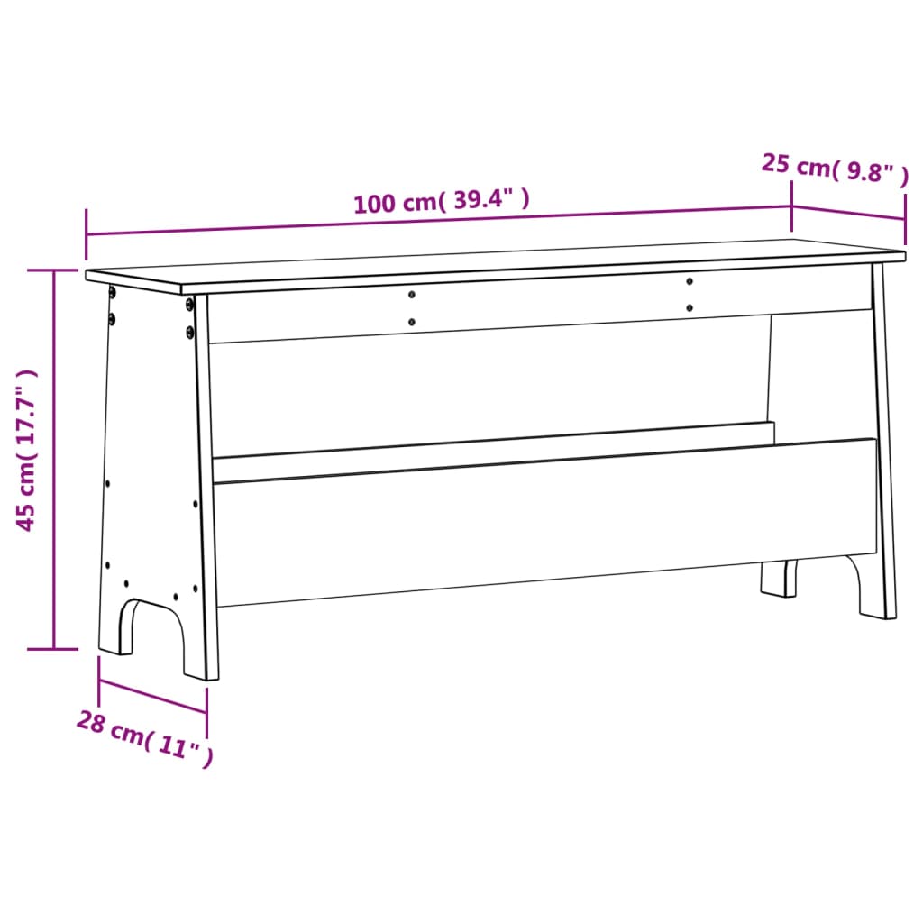 Gangbenk hvit 100x28x45 cm heltre furu
