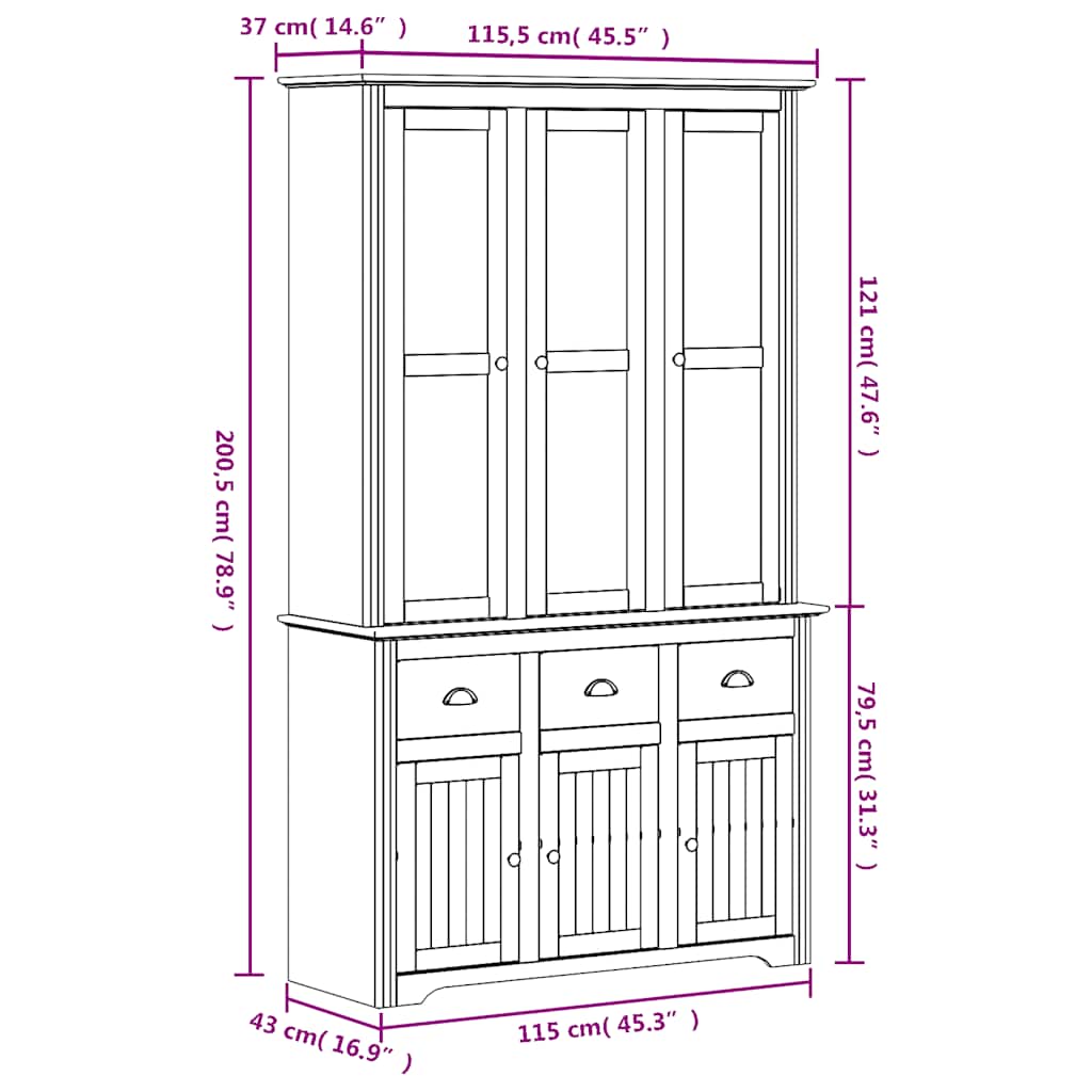 Highboard BODO hvit 115,5x43x200,5 cm heltre furu vidaXL