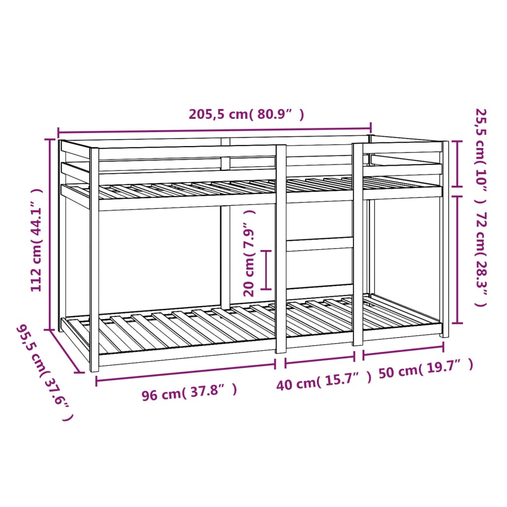 Køyeseng uten madrass 90x200 cm heltre furu