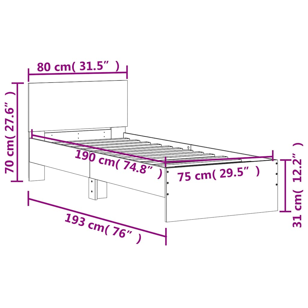 Sengeramme uten madrass med hodegavl sonoma eik 75x190 cm