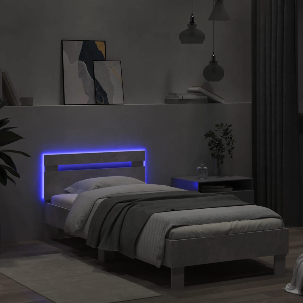 Sengeramme med hodegavl og LED-lys betonggrå 90x200 cm