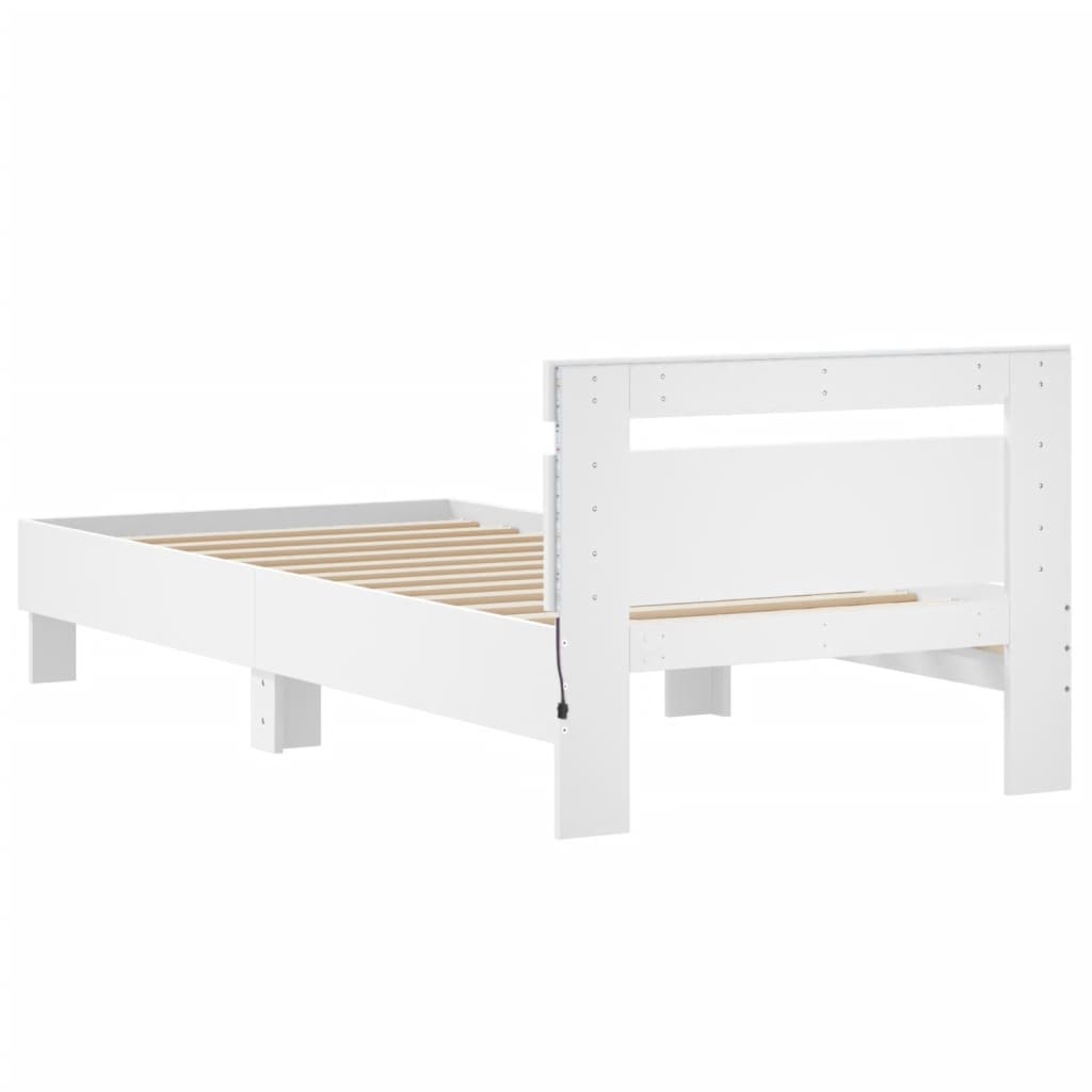 Sengeramme med hodegavl og LED-lys hvit 90x190 cm