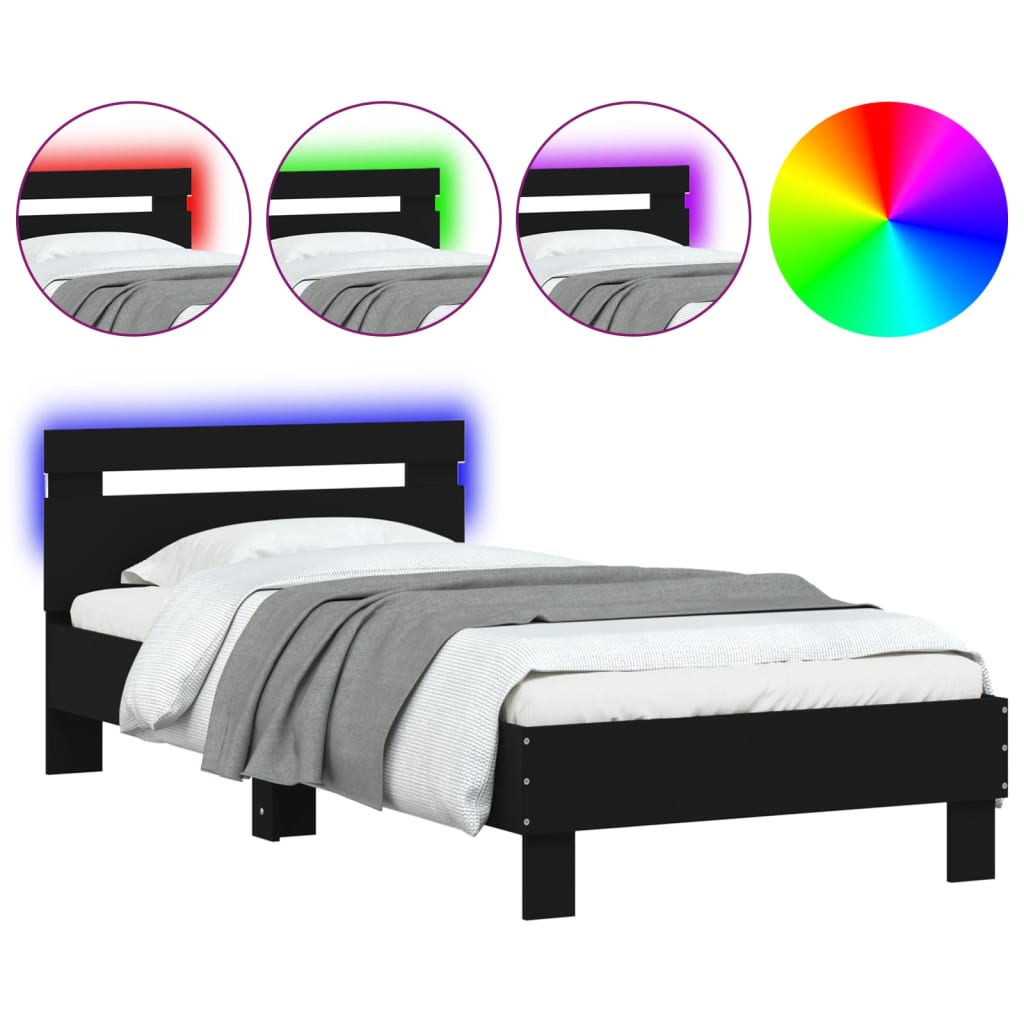 Sengeramme med hodegavl og LED-lys svart 75x190 cm