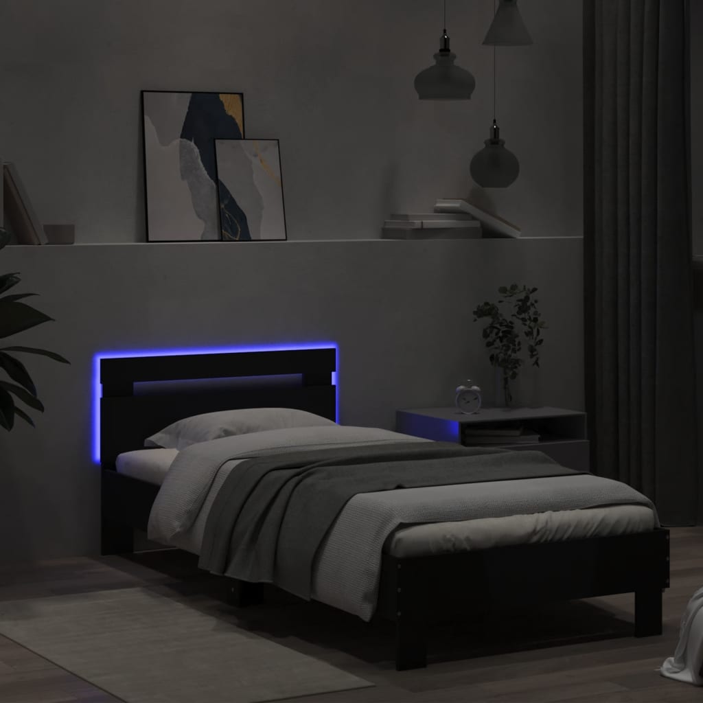 Sengeramme med hodegavl og LED-lys svart 75x190 cm