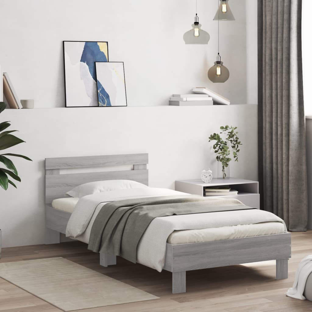 Sengeramme med hodegavl og LED-lys grå sonoma 75x190 cm