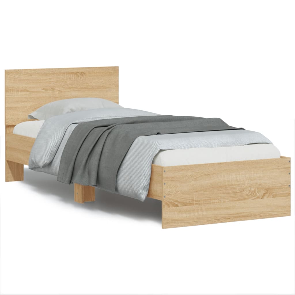 Sengeramme med hodegavl og LED-lys sonoma eik 90x200 cm
