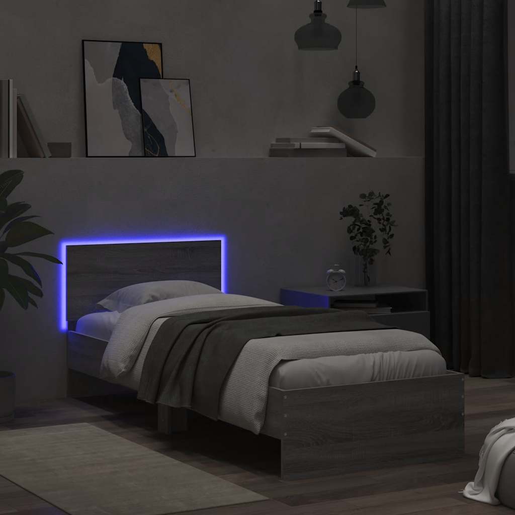 Sengeramme med hodegavl og LED-lys grå sonoma 90x190 cm