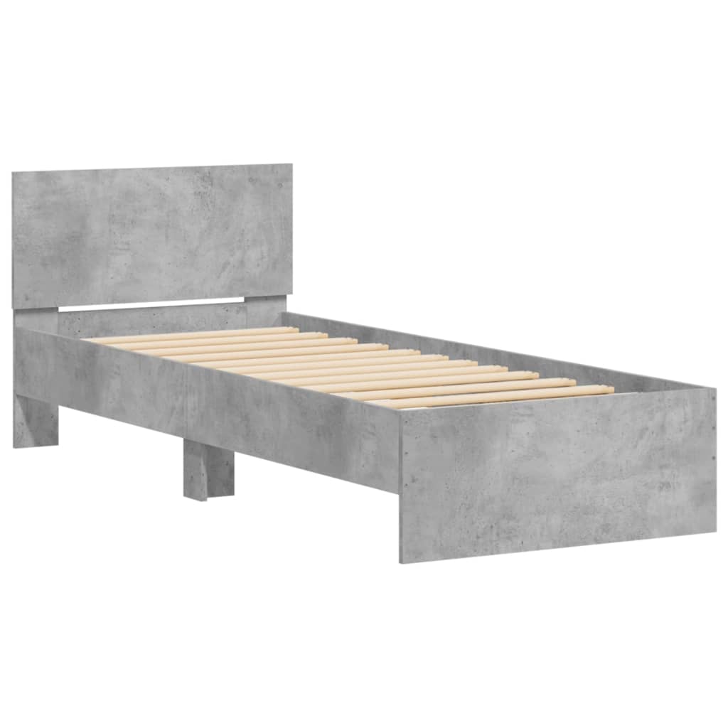 Sengeramme med hodegavl og LED-lys betonggrå 75x190 cm